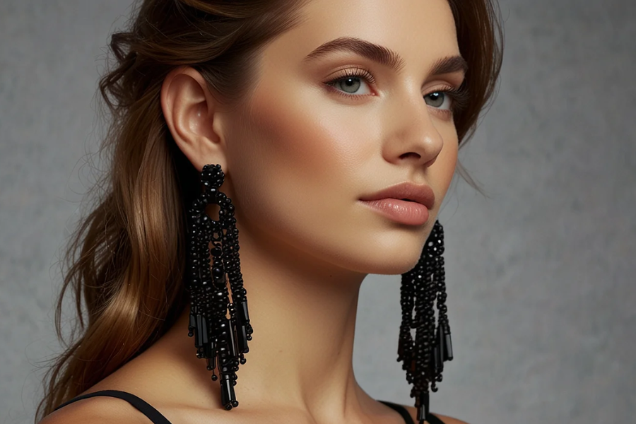 rj graziano black jet earrings fringe